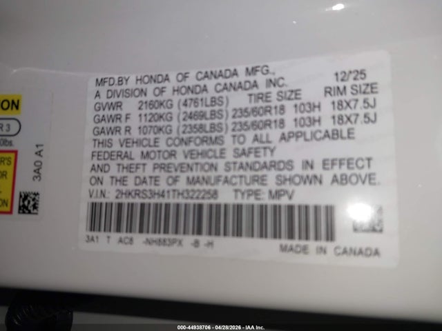 Aukcja sprzedaży 2026 Honda Cr-v Ex 2wd, vin: 2HKRS3H41TH322258, numer aukcji: 44938706