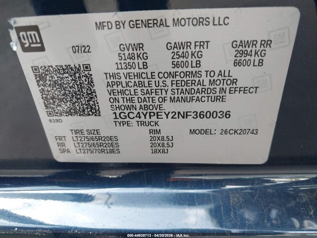 Продажа на аукционе авто 2022 Chevrolet Silverado 2500hd, vin: 1GC4YPEY2NF360036, номер лота: 44938713