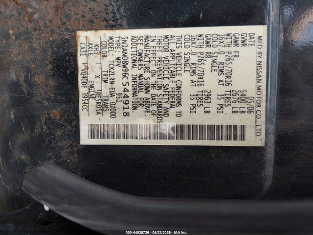 2006 Nissan Xterra S მანქანა იყიდება აუქციონზე, vin: 5N1AN08W96C544918, აუქციონის ნომერი: 44938726