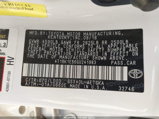 Продаж на аукціоні авто 2016 Toyota Avalon Xle, vin: 4T1BK1EB6GU241983, номер лоту: 44938765