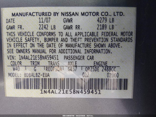 Aukcja sprzedaży 2008 Nissan Altima 2.5 S, vin: 1N4AL21E58N459451, numer aukcji: 44938786
