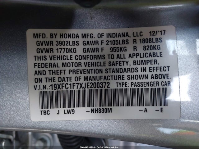 Honda Civic Ex-l 2018 19XFC1F7XJE200372 Image 9