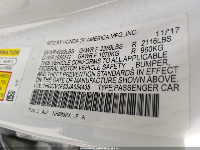 Honda Accord Ex-l 2018 1HGCV1F50JA054435 Image 9