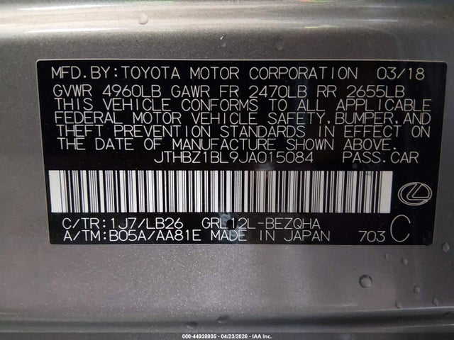 Aukcja sprzedaży 2018 Lexus Gs 350 F Sport, vin: JTHBZ1BL9JA015084, numer aukcji: 44938805