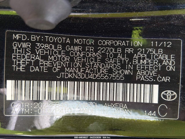 Aukcja sprzedaży 2013 Toyota Prius Two, vin: JTDKN3DU4D5567555, numer aukcji: 44938827