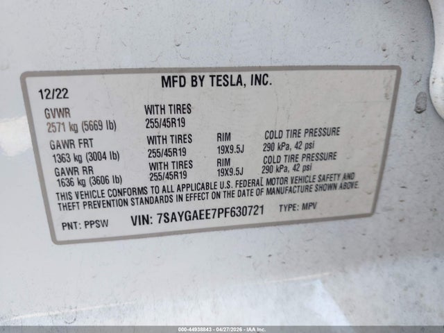 Продажа на аукционе авто 2023 Tesla Model Y Awd/long Range Dual Motor All-wheel Drive, vin: 7SAYGAEE7PF630721, номер лота: 44938843