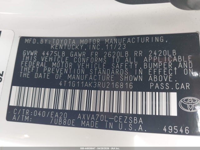 44938847 :رقم المزاد ، 4T1G11AK3RU216816 vin ، 2024 Toyota Camry Se مزاد بيع