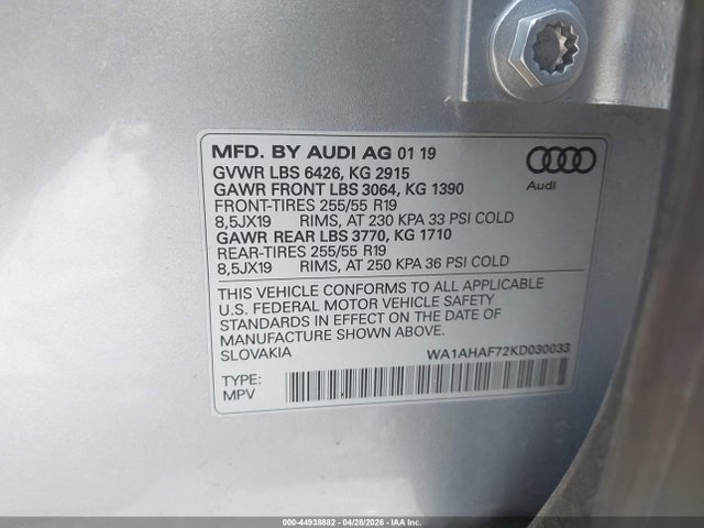 Продаж на аукціоні авто 2019 Audi Q7 45 Premium, vin: WA1AHAF72KD030033, номер лоту: 44938882