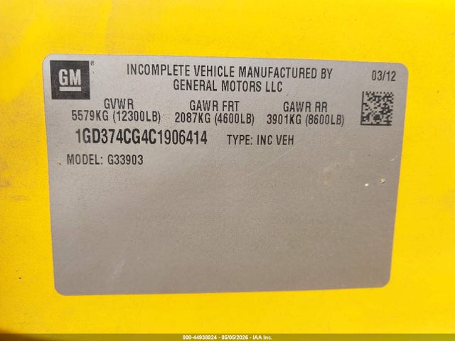 44938924 :رقم المزاد ، 1GD374CG4C1906414 vin ، 2012 Gmc Savana Cutaway Work Van مزاد بيع