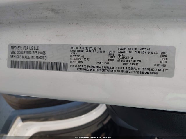 44938969 :رقم المزاد ، 3C6LRVDG1SE519406 vin ، 2025 Ram Promaster 2500 Tradesman High Roof 159 Wb W/pass Seat مزاد بيع