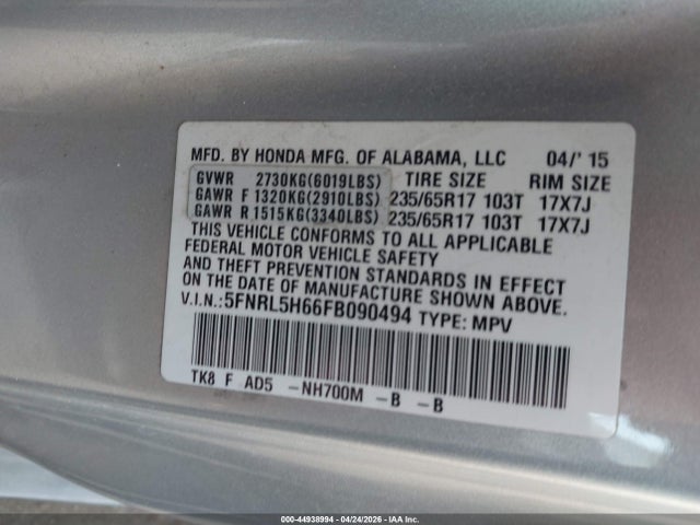 Honda Odyssey Ex-l 2015 5FNRL5H66FB090494 Image 9