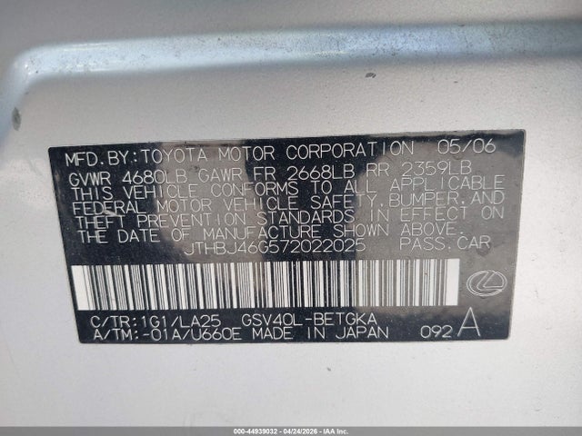 Продаж на аукціоні авто 2007 Lexus Es 350, vin: JTHBJ46G572022025, номер лоту: 44939032