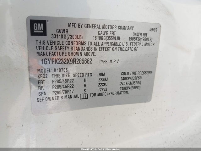 2009 Cadillac Escalade Standard მანქანა იყიდება აუქციონზე, vin: 1GYFK232X9R285662, აუქციონის ნომერი: 44939035