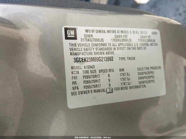 44939042 :رقم المزاد ، 3GCEK23M89G213992 vin ، 2009 Chevrolet Silverado 1500 Lt مزاد بيع