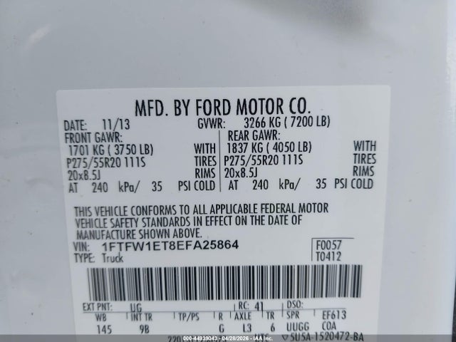 Продаж на аукціоні авто 2014 Ford F-150 Platinum, vin: 1FTFW1ET8EFA25864, номер лоту: 44939043