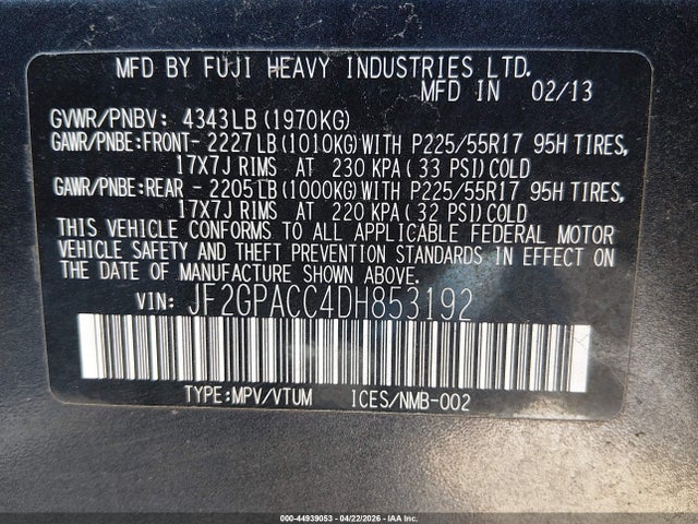 2013 Subaru Xv Crosstrek 2.0i Premium მანქანა იყიდება აუქციონზე, vin: JF2GPACC4DH853192, აუქციონის ნომერი: 44939053