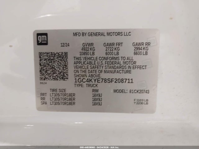 Продаж на аукціоні авто 2025 Chevrolet Silverado 2500hd 4wd  Standard Bed Zr2, vin: 1GC4KYE78SF208711, номер лоту: 44939060