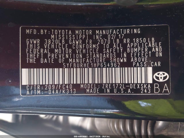 Aukcja sprzedaży 2017 Toyota Corolla Se, vin: 5YFBURHE1HP654962, numer aukcji: 44939061