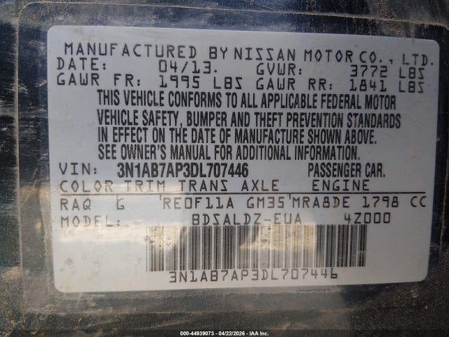 Продаж на аукціоні авто 2013 Nissan Sentra Sv, vin: 3N1AB7AP3DL707446, номер лоту: 44939073