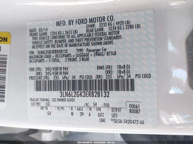 Aukcja sprzedaży 2014 Lincoln Mkz, vin: 3LN6L2GK3ER828132, numer aukcji: 44939076