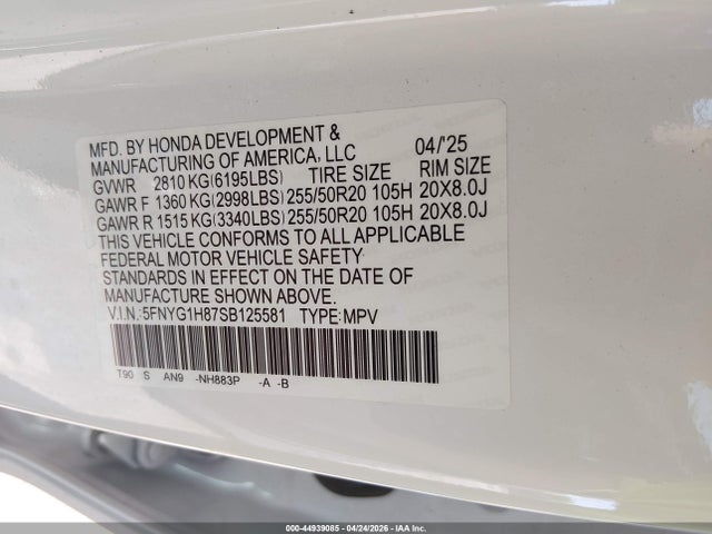 5FNYG1H87SB125581 Honda Pilot Elite