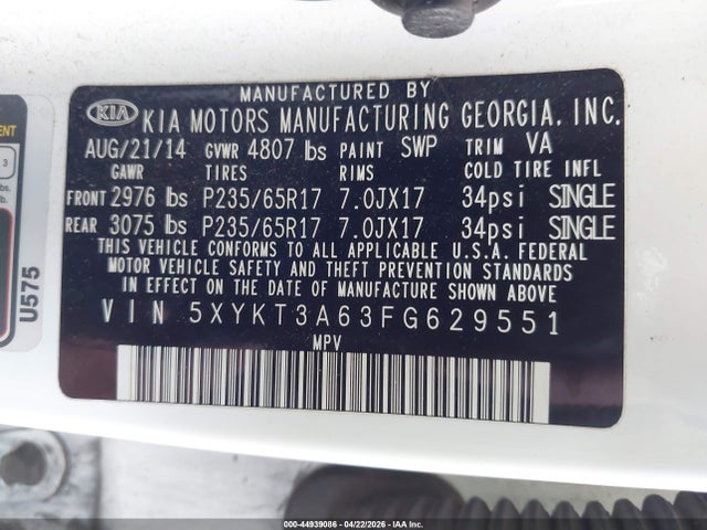 5XYKT3A63FG629551 KIA SORENTO LX