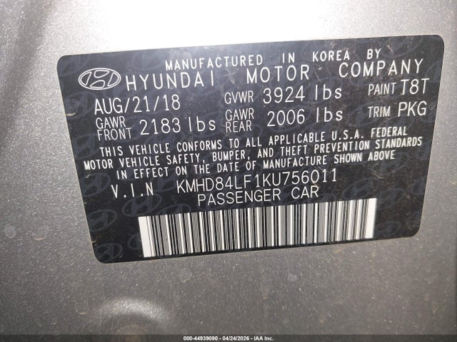 KMHD84LF1KU756011 Hyundai ELANTRA SEL