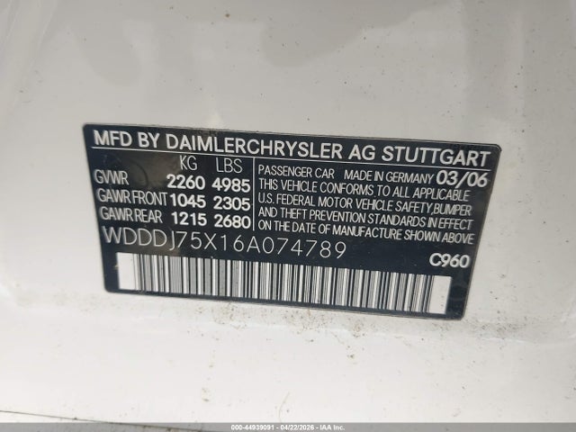 44939091 :رقم المزاد ، WDDDJ75X16A074789 vin ، 2006 Mercedes-benz Cls 500 مزاد بيع