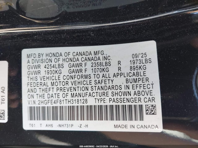 2HGFE4F81TH318128 Honda Civic Hybrid Sport/sport Touring