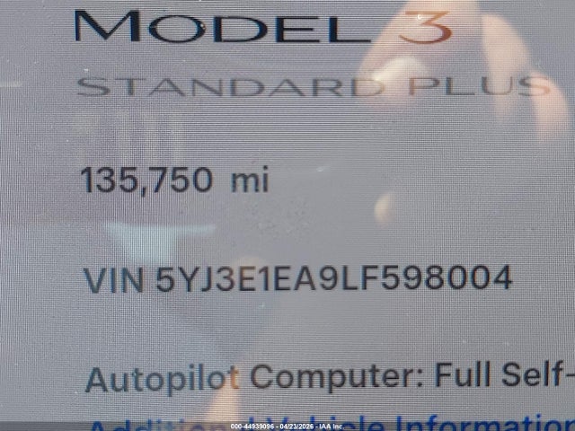 44939096 :رقم المزاد ، 5YJ3E1EA9LF598004 vin ، 2020 Tesla Model 3 مزاد بيع