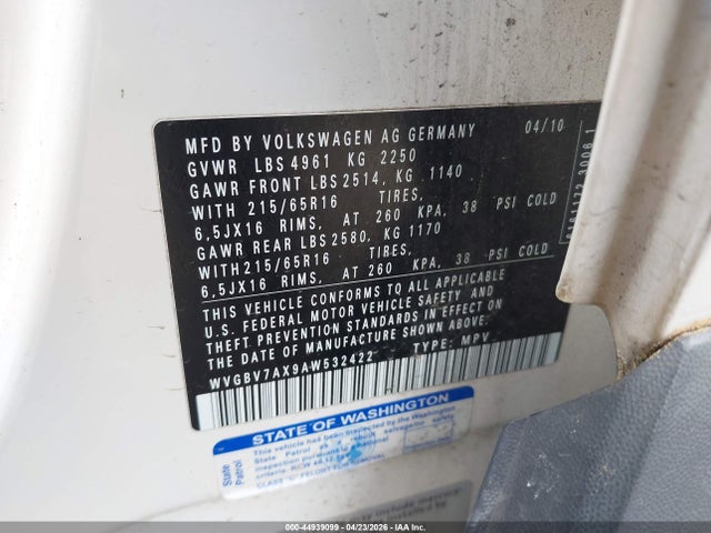 44939099 :رقم المزاد ، WVGBV7AX9AW532422 vin ، 2010 Volkswagen Tiguan S مزاد بيع