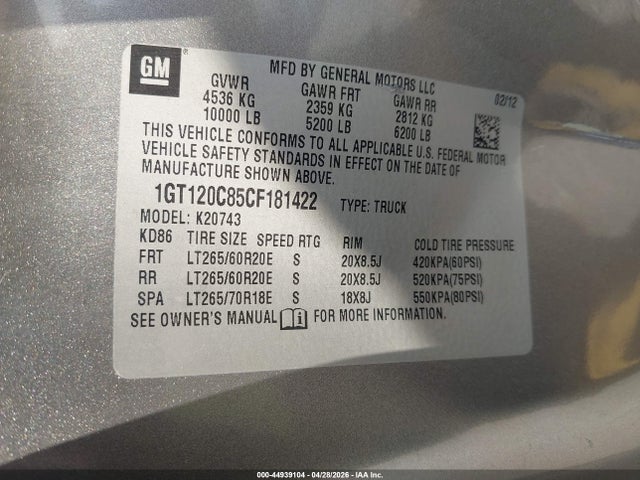 Aukcja sprzedaży 2012 Gmc Sierra 2500hd Sle, vin: 1GT120C85CF181422, numer aukcji: 44939104