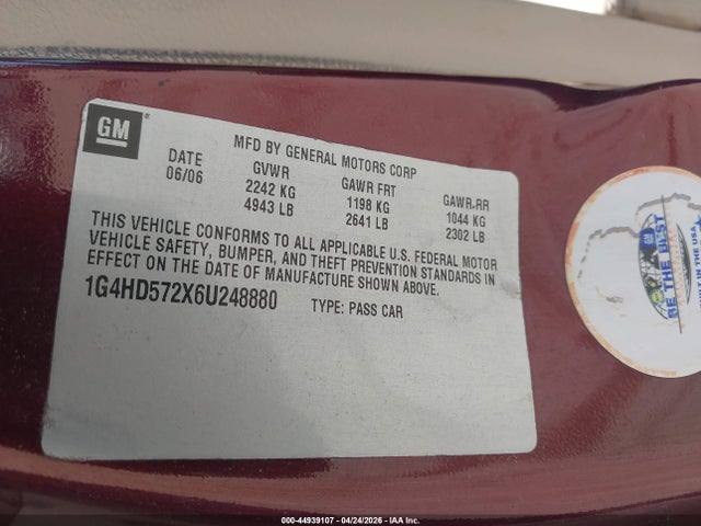Aukcja sprzedaży 2006 Buick Lucerne Cxl, vin: 1G4HD572X6U248880, numer aukcji: 44939107