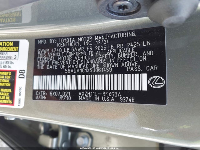 Продаж на аукціоні авто 2025 Lexus Es 300h, vin: 58ADA1C1XSU061459, номер лоту: 44939110