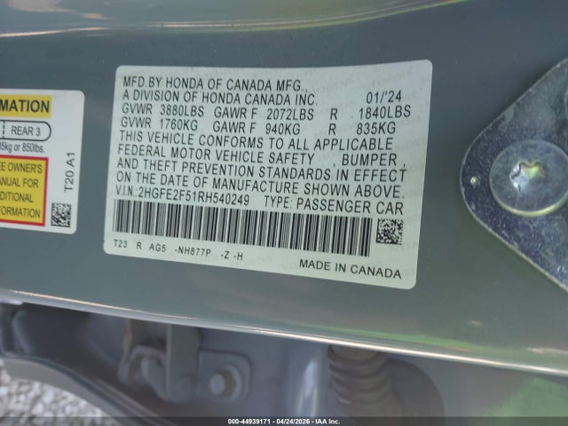 Продаж на аукціоні авто 2024 Honda Civic Sport, vin: 2HGFE2F51RH540249, номер лоту: 44939171