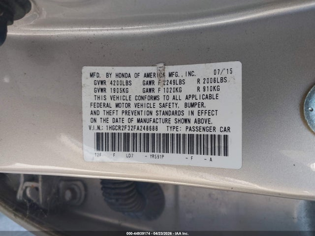 44939174 :رقم المزاد ، 1HGCR2F32FA248688 vin ، 2015 Honda Accord Lx مزاد بيع