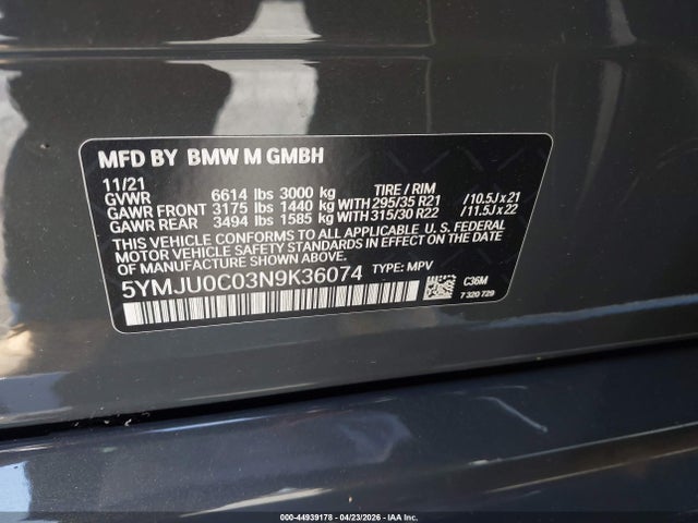 2022 Bmw X5 M მანქანა იყიდება აუქციონზე, vin: 5YMJU0C03N9K36074, აუქციონის ნომერი: 44939178