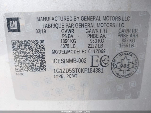 Aukcja sprzedaży 2019 Chevrolet Malibu Lt, vin: 1G1ZD5ST0KF184381, numer aukcji: 44939197