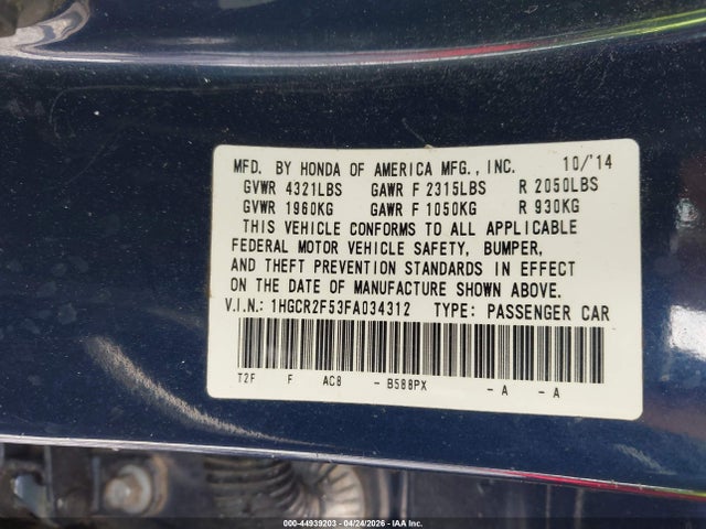 2015 Honda Accord Sport მანქანა იყიდება აუქციონზე, vin: 1HGCR2F53FA034312, აუქციონის ნომერი: 44939203