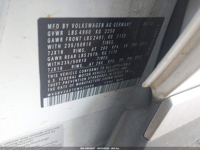 2014 Volkswagen Tiguan Sel მანქანა იყიდება აუქციონზე, vin: WVGBV3AX7EW623509, აუქციონის ნომერი: 44939207