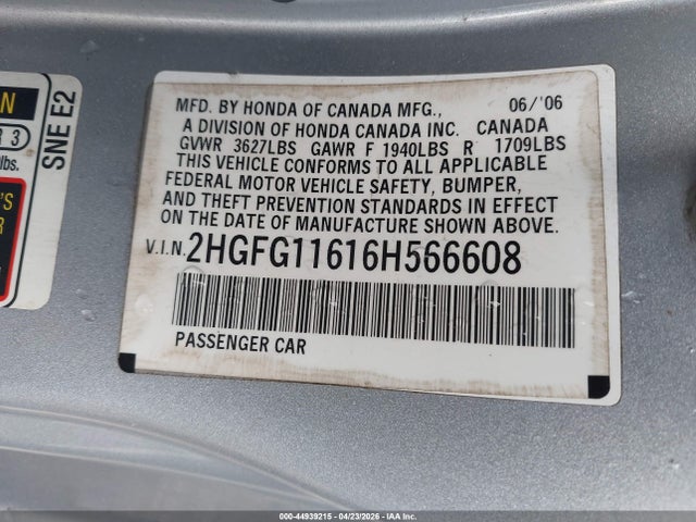 2006 Honda Civic Lx მანქანა იყიდება აუქციონზე, vin: 2HGFG11616H566608, აუქციონის ნომერი: 44939215