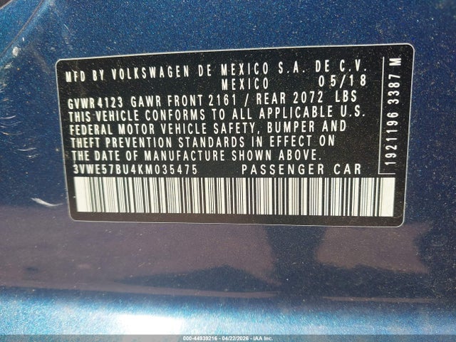 44939216 :رقم المزاد ، 3VWE57BU4KM035475 vin ، 2019 Volkswagen Jetta 1.4t Sel مزاد بيع