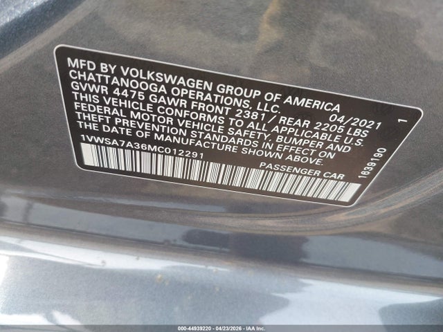 Aukcja sprzedaży 2021 Volkswagen Passat 2.0t Se, vin: 1VWSA7A36MC012291, numer aukcji: 44939220