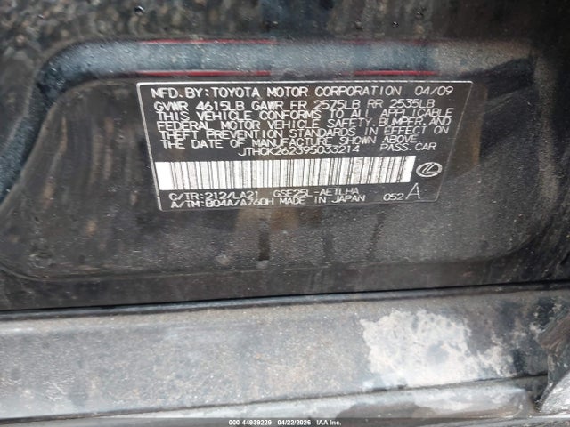 44939229 :رقم المزاد ، JTHCK262395033214 vin ، 2009 Lexus Is 250 مزاد بيع