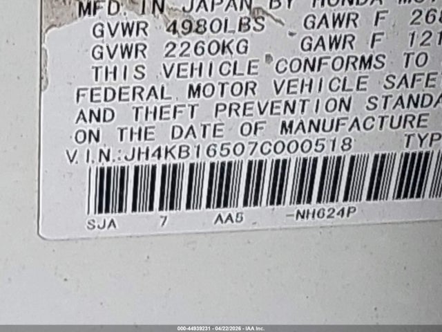 44939231 :رقم المزاد ، JH4KB16507C000518 vin ، 2007 Acura Rl 3.5 مزاد بيع