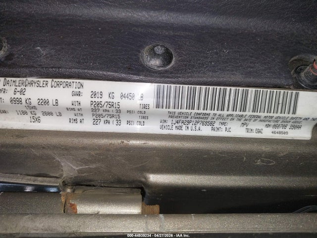 44939234 :رقم المزاد ، 1J4FA29P12P769582 vin ، 2002 Jeep Wrangler Se مزاد بيع