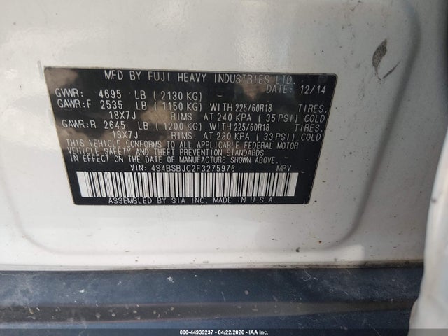 44939237 :رقم المزاد ، 4S4BSBJC2F3275976 vin ، 2015 Subaru Outback 2.5i Limited مزاد بيع