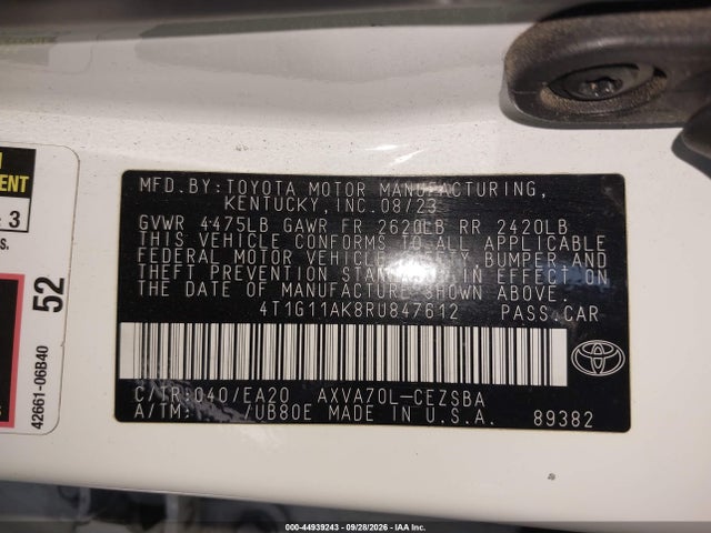 2024 Toyota Camry Se მანქანა იყიდება აუქციონზე, vin: 4T1G11AK8RU847612, აუქციონის ნომერი: 44939243