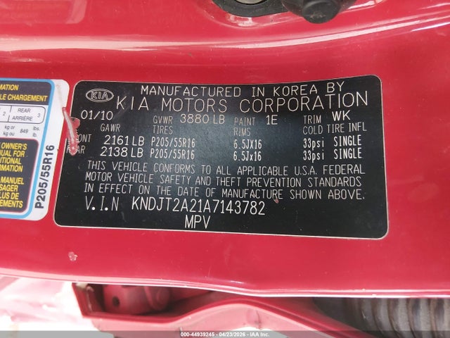 44939245 :رقم المزاد ، KNDJT2A21A7143782 vin ، 2010 Kia Soul + مزاد بيع