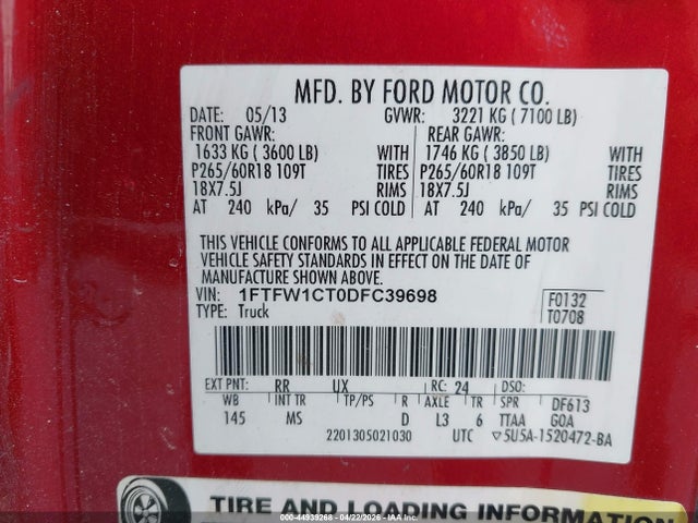 Aukcja sprzedaży 2013 Ford F-150 Xlt, vin: 1FTFW1CT0DFC39698, numer aukcji: 44939268